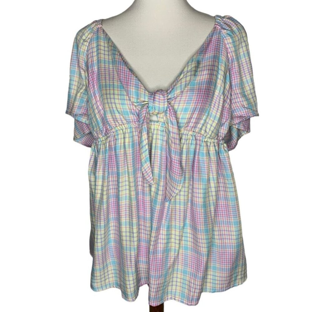 Isabel Maternity by Ingrid & Isabel Peek-a-boo Tie Front Top Size XL Multi Plaid